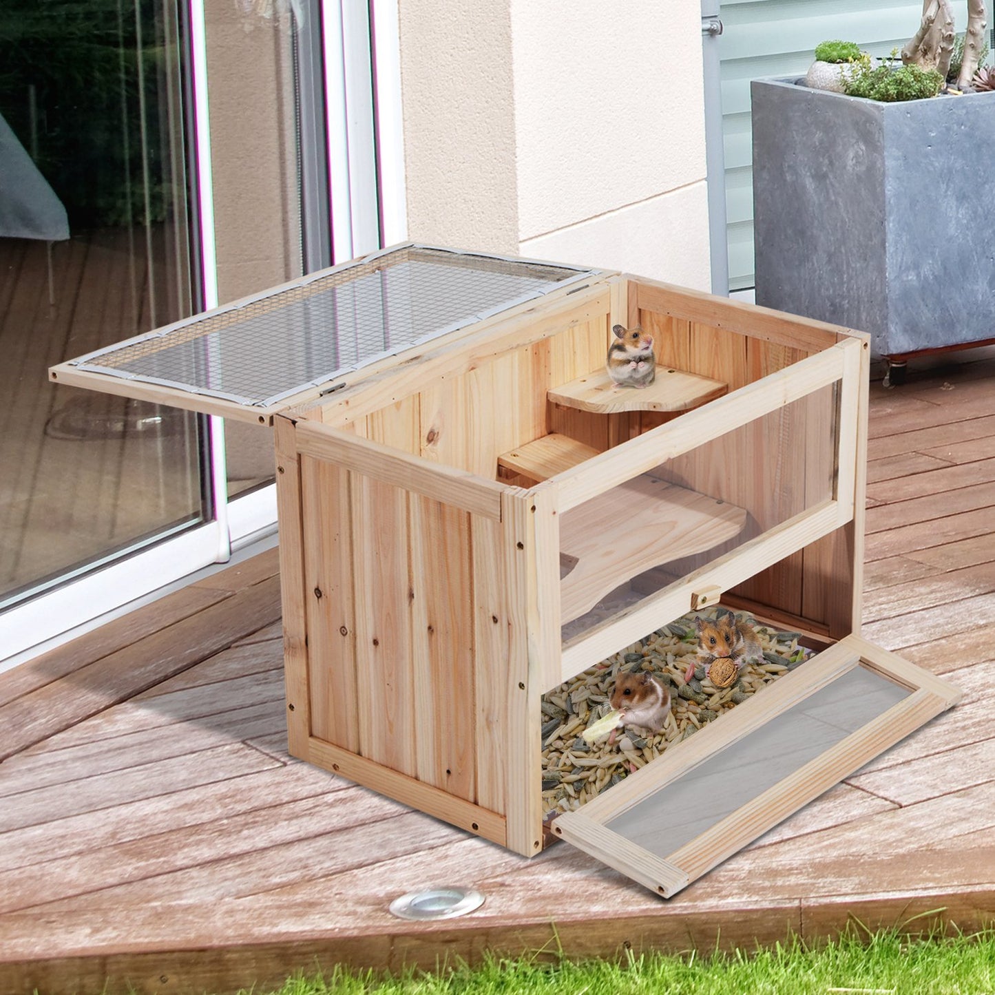 PawHut Hamsterkäfig aus Holz, 2 Ebenen, für Kleintiere